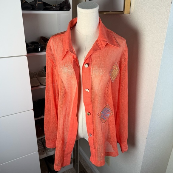 Peter Popovitch Vintage 80’s Orange Long Sleeve Beachy Button Up Shirt Size L - Picture 1 of 15